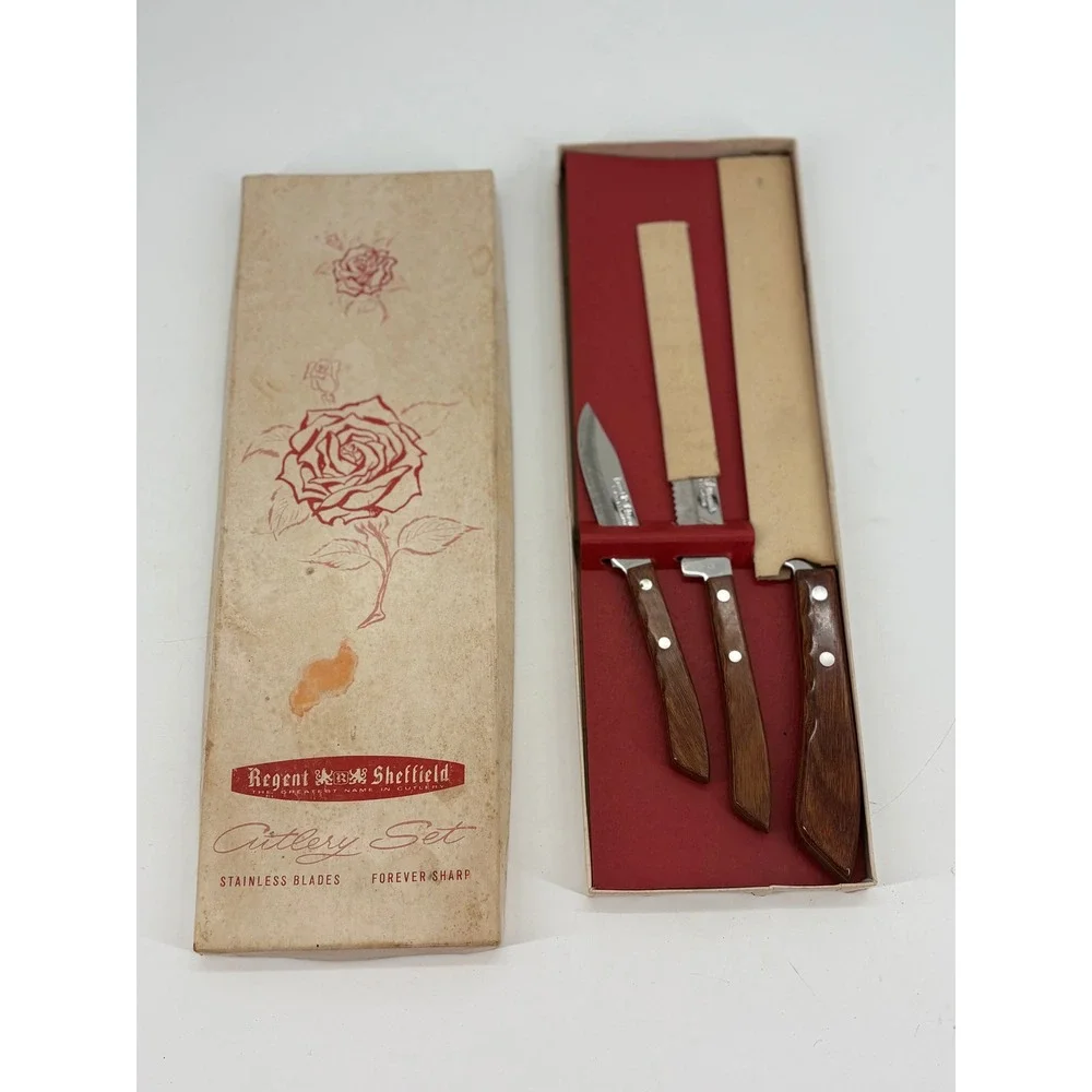 Regent Sheffield Cutlery Set Sherwood 3 Piece Knife Set Brown Stainless Vintage